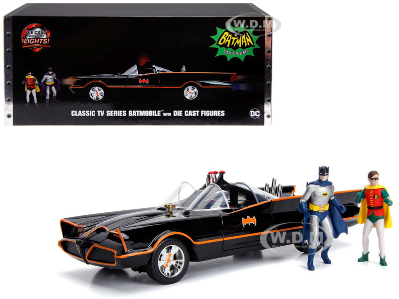 Classic TV Series Batmobile with Working Lights and Diecast Batman and Robin Figures "80 Years of Batman" 1/18 Diecast Model Car by Jada
