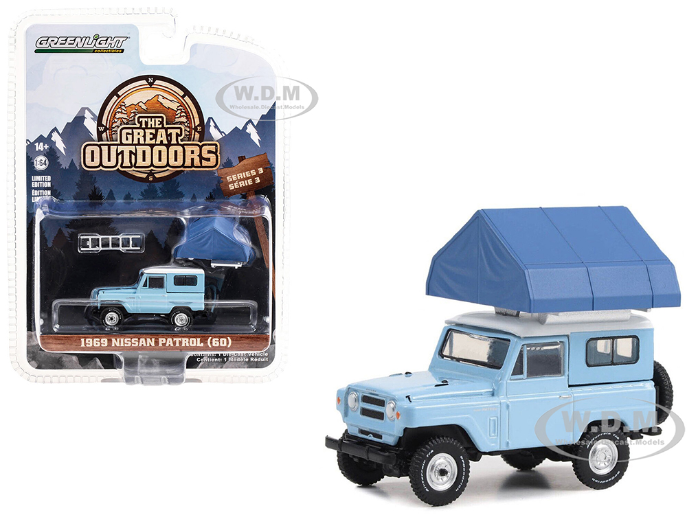 1969 Nissan Patrol (60) Light Blue with White Top and Campotel Cartop Sleeper Tent The Great Outdoors Series 3 1/64 Diecast Model Car by Greenlight