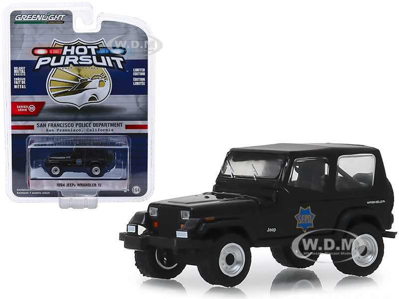 Image of 1994 Jeep Wrangler YJ "San Francisco Police Department" (SFPD) Black "Hot Pursuit" Series 32 1/64 Diecast Model Car by Greenlight