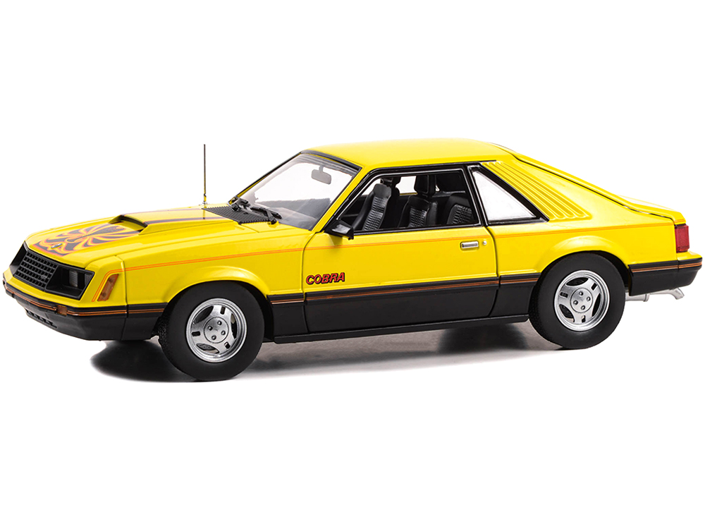 1979 Ford Mustang Cobra Fastback - Bright Yellow with Black and Red Cobra Hood Graphics and Stripe Treatment 1/18 Diecast Model Car by Greenlight