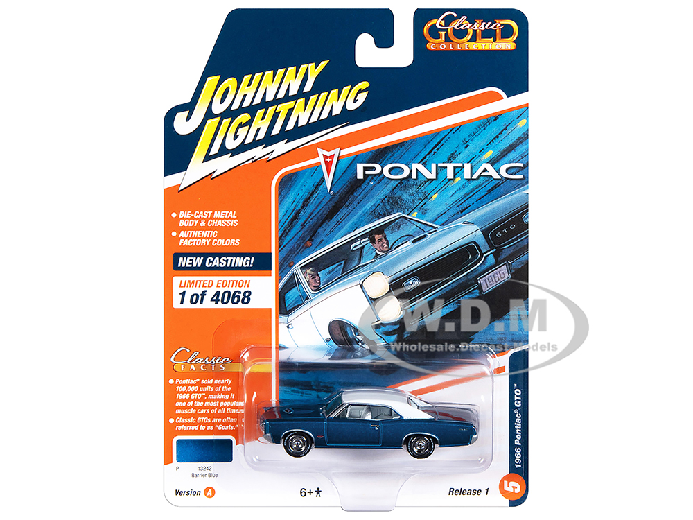 1966 Pontiac GTO Barrier Blue Metallic with White Top and White Interior Classic Gold Collection 2023 Release 1 Limited Edition to 4068 pieces Worldwide 1/64 Diecast Model Car by Johnny Lightning