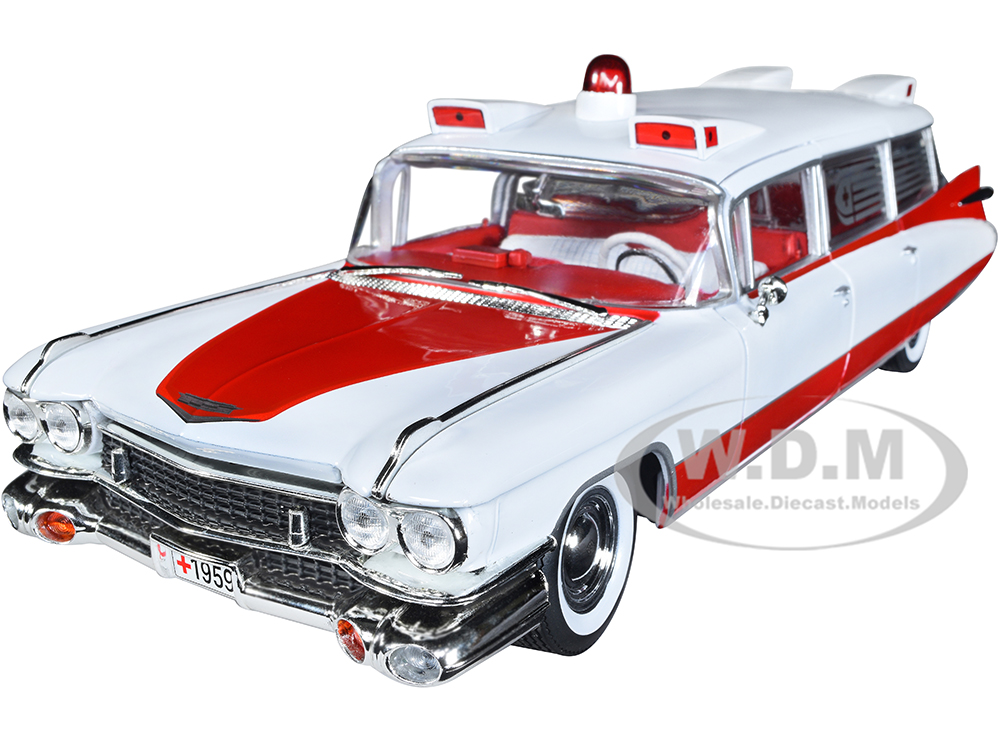 1959 Cadillac Eldorado Ambulance Red and White 1/18 Diecast Model by Auto World