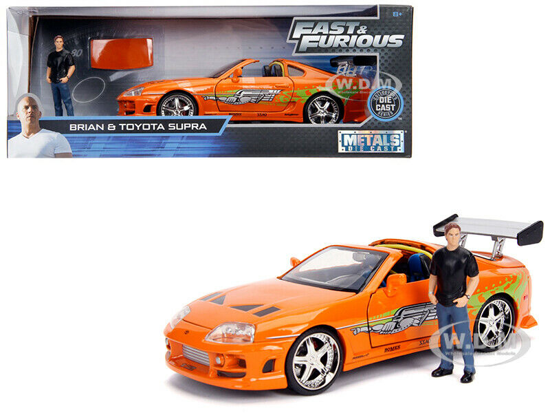 Toyota Supra Orange Metallic with Brian Diecast Figurine Fast & Furious Movie 1/24 Diecast Model Car by Jada