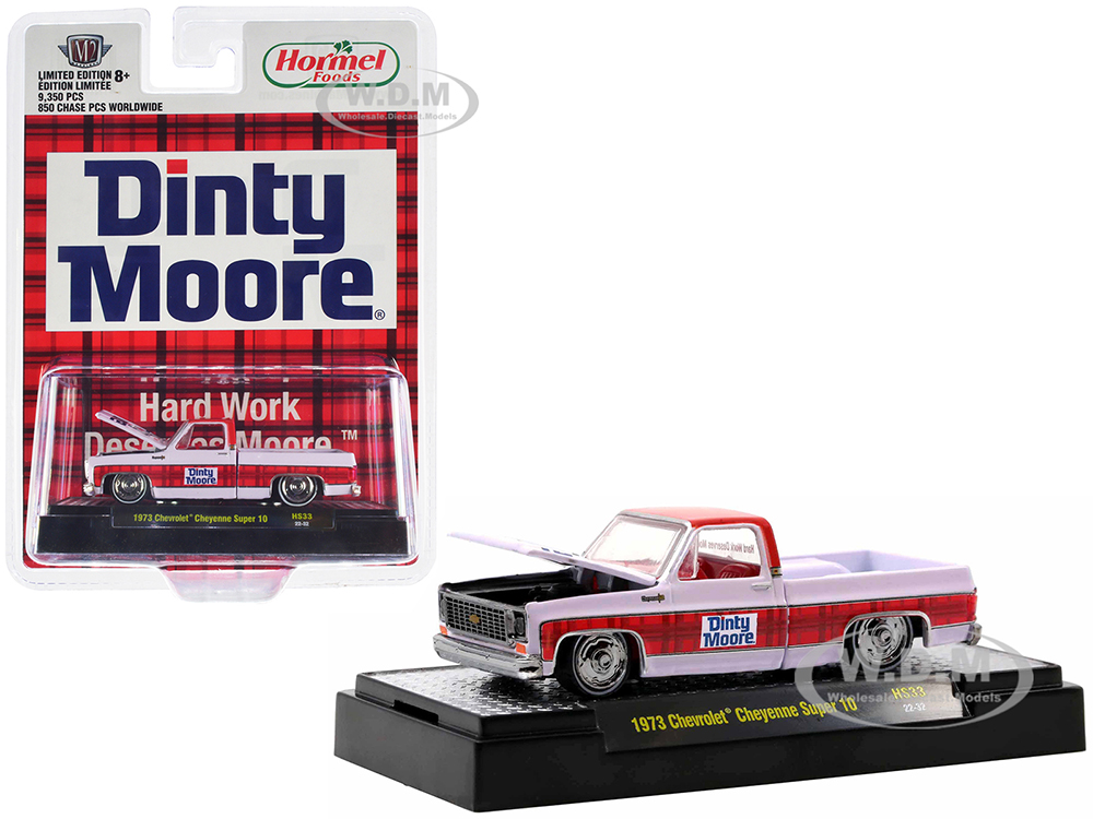 1973 Chevrolet Cheyenne Super 10 Pickup Truck White with Red Top and Red Plaid Stripe Dinty Moore Limited Edition to 9350 pieces Worldwide 1/64 Diecast Model Car by M2 Machines
