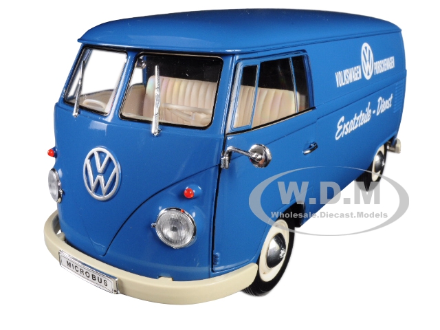 1963 Volkswagen T1 Microbus "Volkswagen Porschewagen" Blue 1/18 Diecast Model by Welly