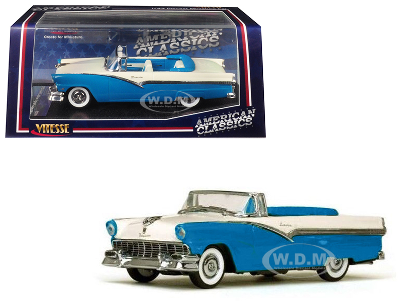 Image of 1956 Ford Fairlane Open Convertible Peacock Blue and Colonial White 1/43 Diecast Model Car by Vitesse