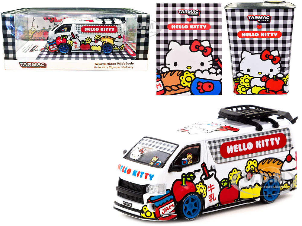 Toyota Hiace Widebody Van Hello Kitty Capsule Delivery With METAL OIL CAN 1/64 Diecast Model Car By Tarmac Works