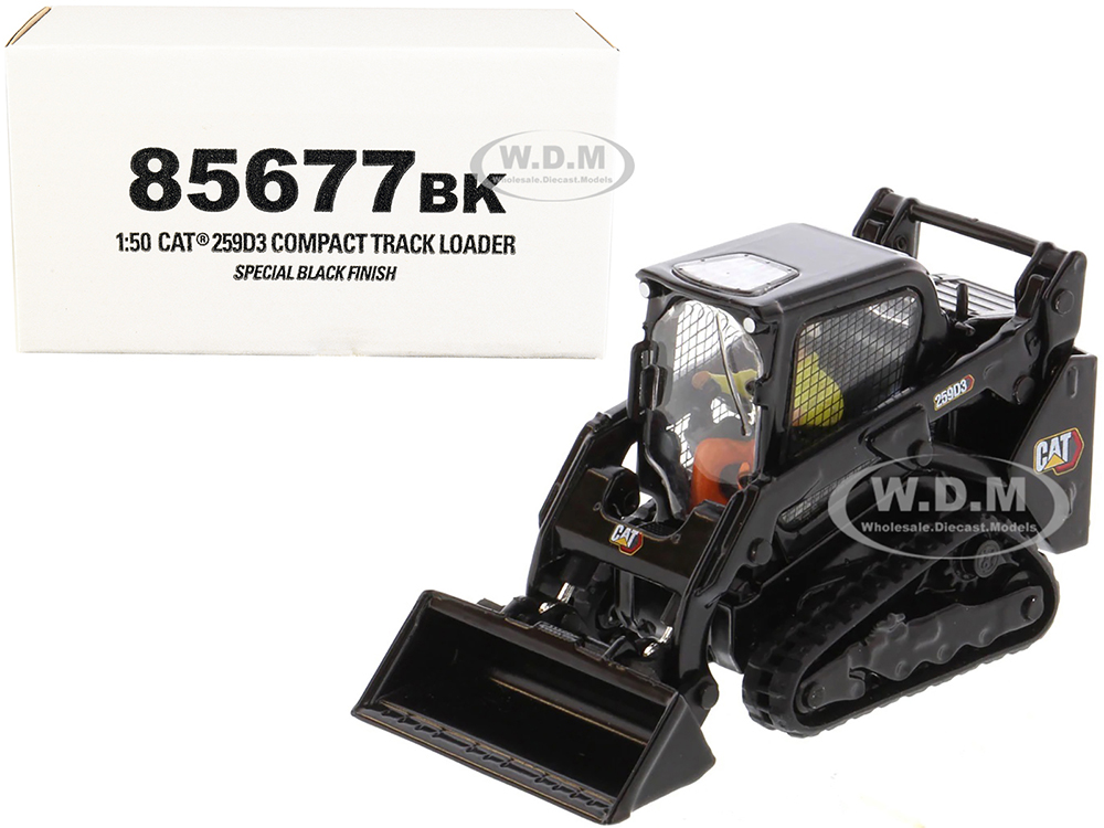 CAT Caterpillar 259D3 Compact Track Loader with Work Tools and Operator Special Black Paint "High Line Series" 1/50 Diecast Model by Diecast Masters