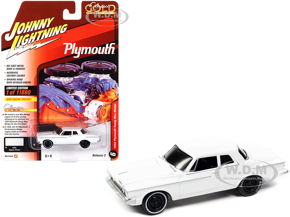 1962 Plymouth Savoy Max Wedge Alpine White Classic Gold Collection Series Limited Edition to 11880 pieces Worldwide 1/64 Diecast Model Car by Johnny Lightning