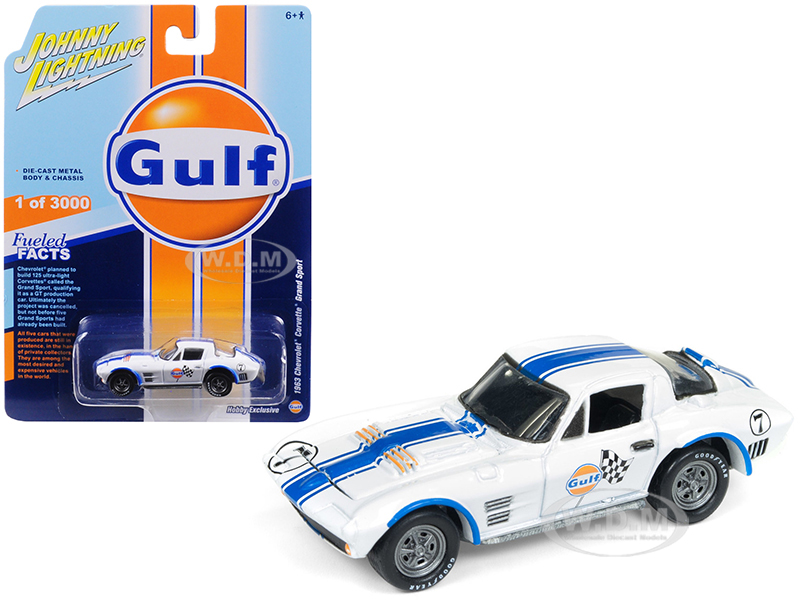 1963 Chevrolet Corvette Grand Sport "gulf" 7 White With Blue Stripes Limited Edition To 3000 Pieces Worldwide 1/64 Diecast Model Car By Johnny Lightn