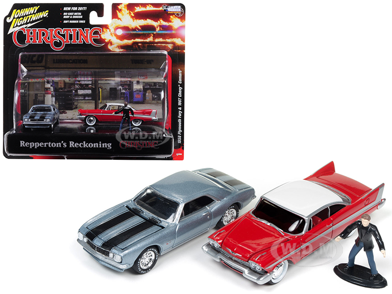 Image of 1967 Chevrolet Camaro and 1958 Plymouth Fury with Buddy Repperton Figurine "Reppertons Reckoning" Scene "Christine" (1983) Movie 1/64 Diecast Model C