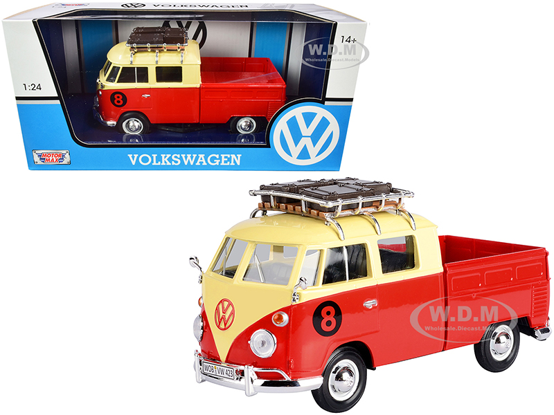 Volkswagen Type 2 (T1) #8 Pickup Truck with Roof Rack and Luggage Red and Yellow 1/24 Diecast Model Car by Motormax