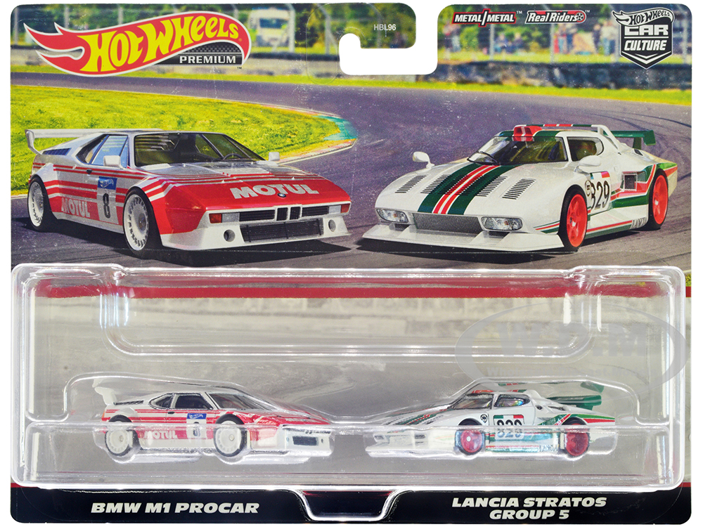 BMW M1 Procar #8 White with Red Stripes and Lancia Stratos Group 5 #829 White with Stripes Car Culture Set of 2 Cars Diecast Model Cars by Hot Wheels