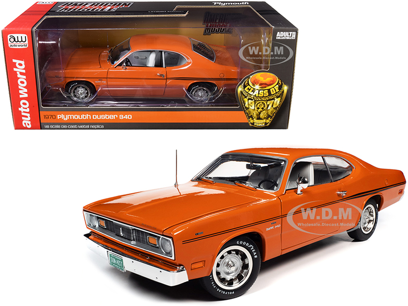 Image of 1970 Plymouth Duster 340 Two-Door Coupe EK2 Vitamin C Orange with Black Stripes and White Interior "Class of 1970" 1/18 Diecast Model Car by Autoworl