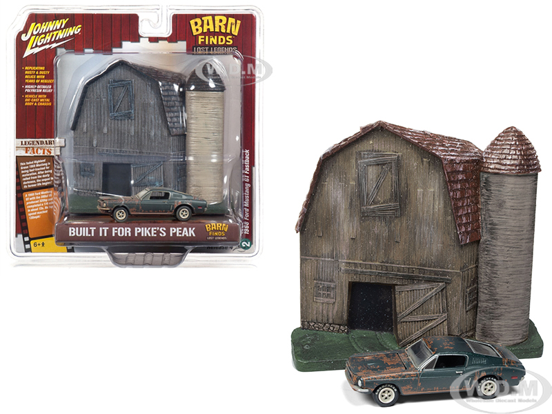 1968 Ford Mustang Gt Fastback Green (unrestored) With "barn Finds" Resin Facade Diorama "lost Legend" Series 1/64 Diecast Model By Johnny Lightning