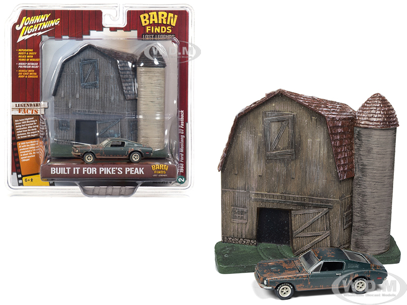 Image of 1968 Ford Mustang GT Fastback Green (Unrestored) with "Barn Finds" Resin Facade Diorama "Lost Legend" Series 1/64 Diecast Model by Johnny Lightning