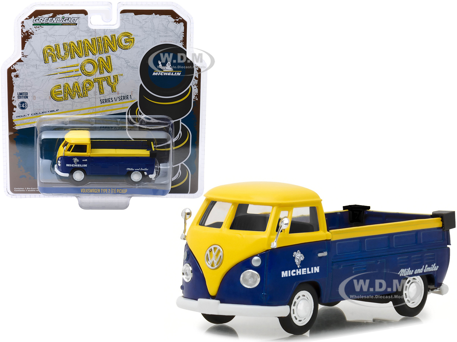 Volkswagen Type 2 (t1) Pickup Truck "michelin Tires" Yellow And Dark Blue "running On Empty" Release 1 1/43 Diecast Model Car By Greenlight