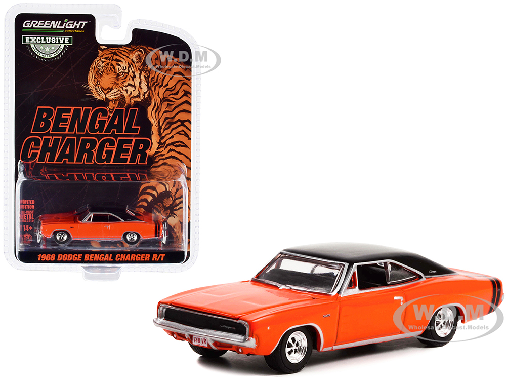 1968 Dodge Charger R/T Orange with Black Top and Tail Stripes Bengal Charger: Tom Kneer Dodge Cincinnati Ohio Hobby Exclusive Series 1/64 Diecast Model Car by Greenlight