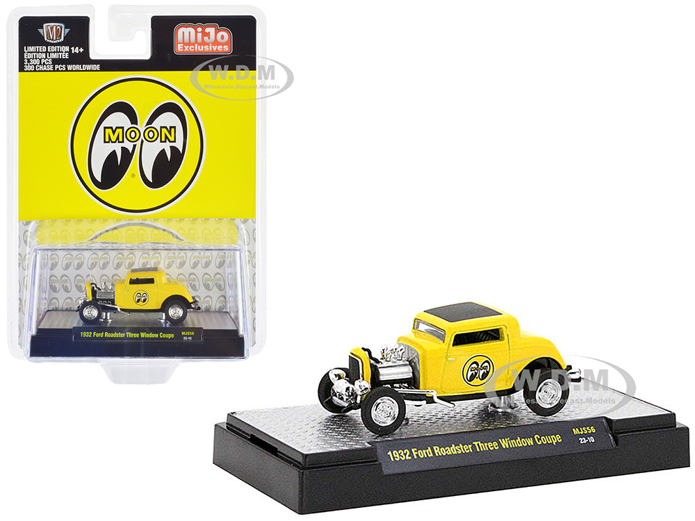 1932 Ford Roadster Three Window Coupe Yellow with Black Top "Mooneyes" Limited Edition to 3600 pieces Worldwide 1/64 Diecast Model Car by M2 Machines
