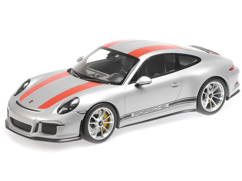 Image of 2016 Porsche 911 R Silver with Red Stripes and Black Writing 1/12 Diecast Model Car by Minichamps