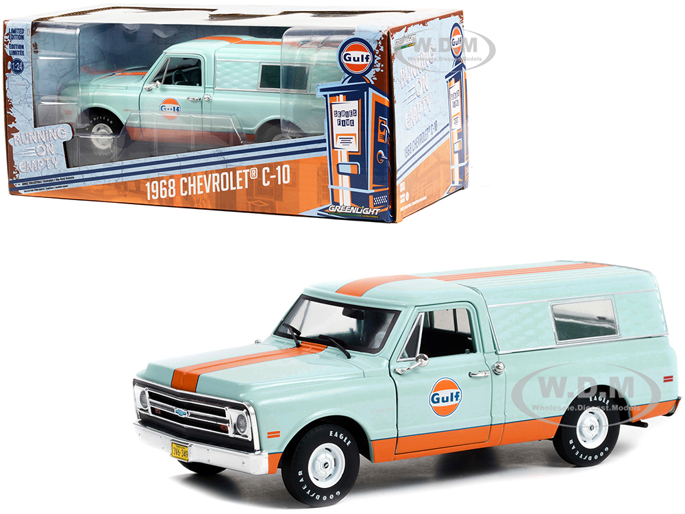 1968 Chevrolet C-10 Pickup Truck Light Blue with Orange Stripes with Camper Shell Gulf Oil Running on Empty Series 5 1/24 Diecast Model Car by Greenlight