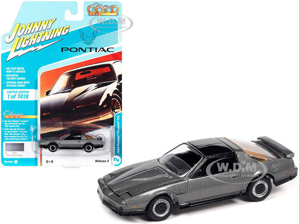 1984 Pontiac Firebird Trans Am T/A Silver Sand Gray Metallic with Black Top Classic Gold Collection Series Limited Edition to 7418 pieces Worldwide 1/64 Diecast Model Car by Johnny Lightning