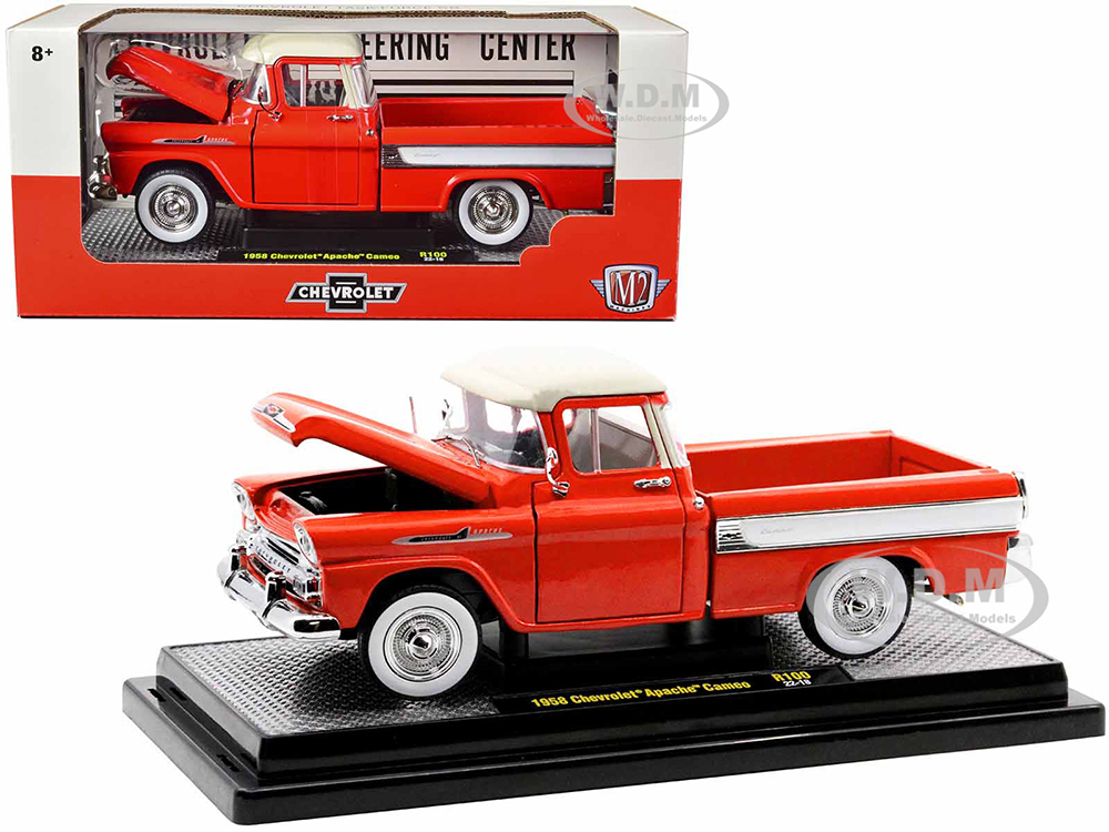 1958 Chevrolet Apache Cameo Pickup Truck Cardinal Red with Wimbledon White Top Limited Edition to 6550 pieces Worldwide 1/24 Diecast Model Car by M2