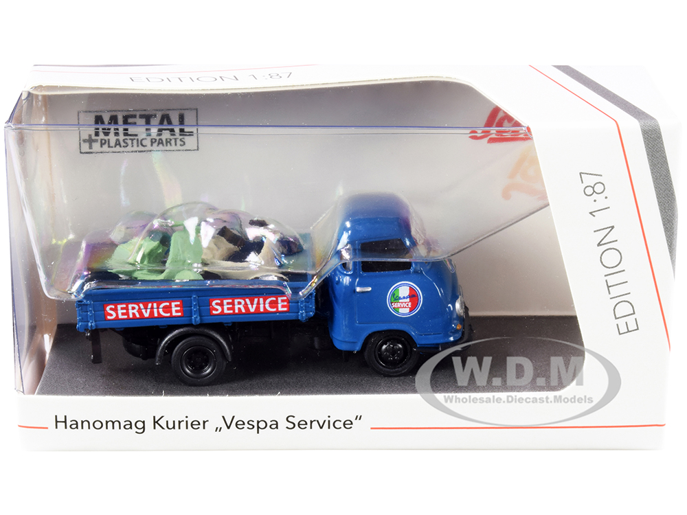 Hanomag Kurier Transporter "Vespa Service" Blue with 2 Vespas (Green and Cream) 1/87 (HO) Diecast Models by Schuco