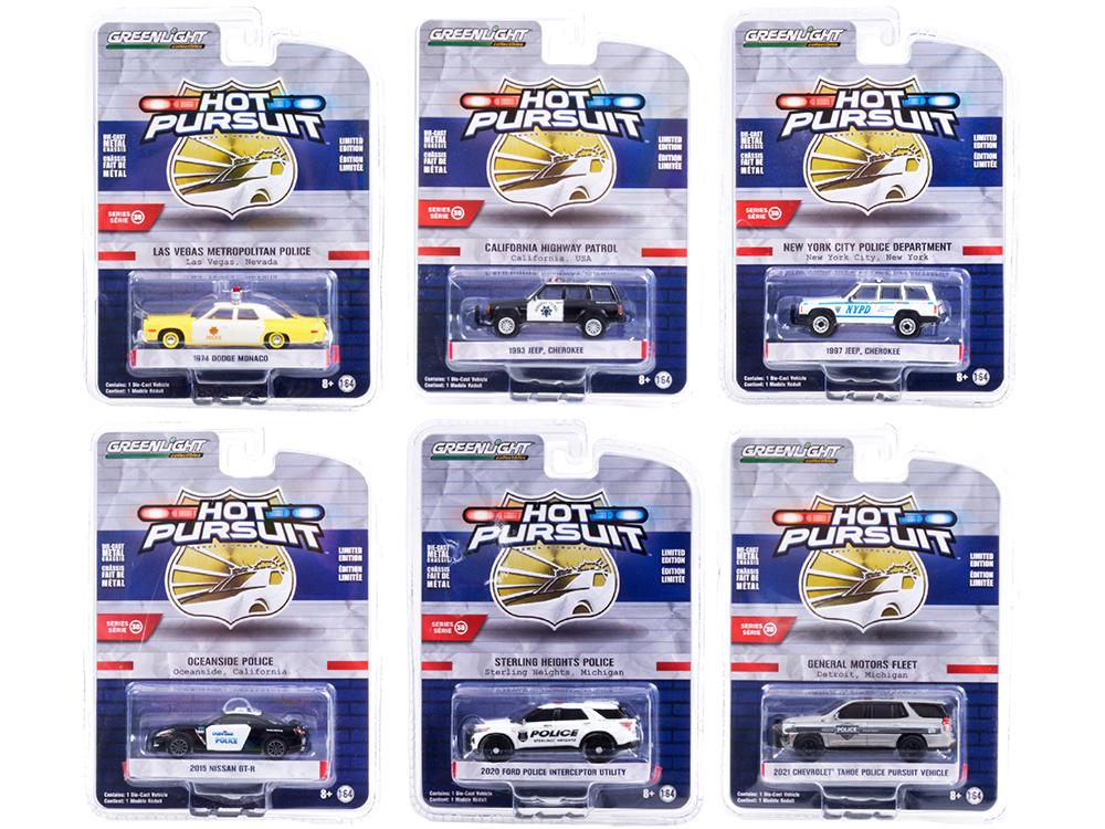 "Hot Pursuit" Set of 6 Police Cars Series 38 1/64 Diecast Model Cars by Greenlight