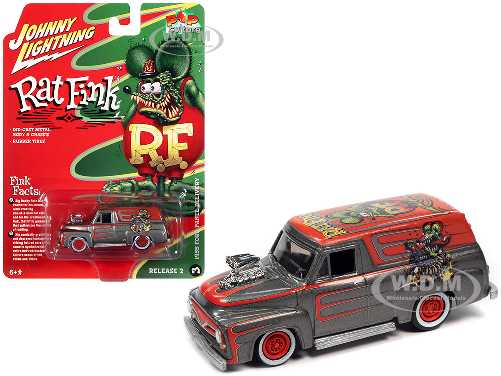 1955 Ford Panel Delivery Truck Gray Metallic with Graphics "Rat Fink" "Pop Culture" 2022 Release 2 1/64 Diecast Model Car by Johnny Lightning