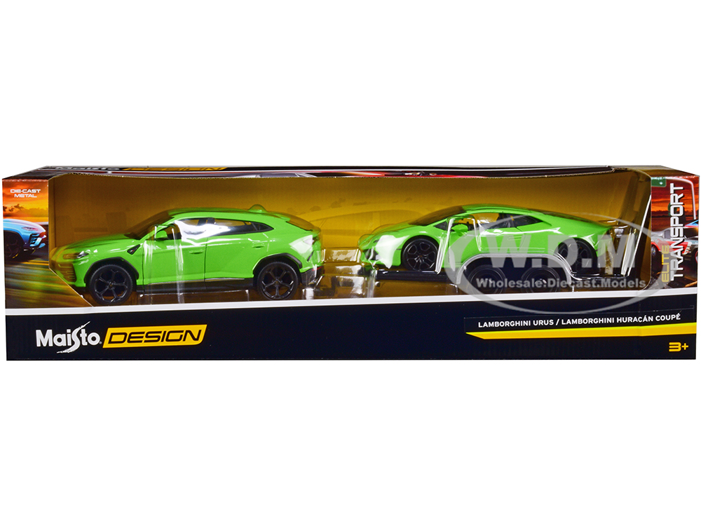 Lamborghini Urus Green with Lamborghini Huracan Coupe Green and Flatbed Trailer Set of 3 pieces 