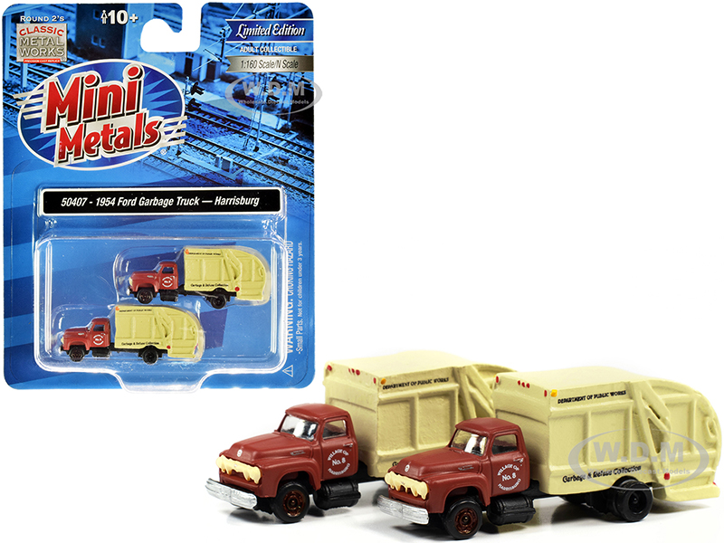 Image of 1957 Chevrolet Garbage Truck "Harrisburg Department of Public Works" Maroon and Yellow Set of 2 pieces 1/160 (N) Scale Models by Classic Metal Works
