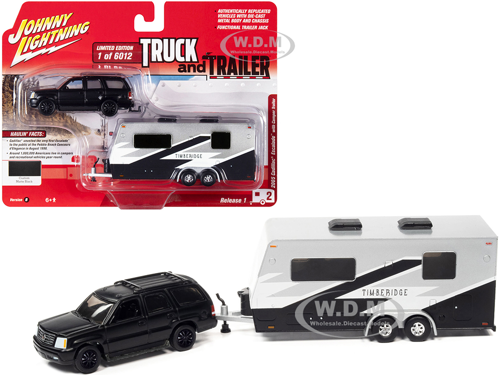 2005 Cadillac Escalade Matt Black with Camper Trailer Limited Edition to 6012 pieces Worldwide Truck and Trailer Series 1/64 Diecast Model Car by Johnny Lightning