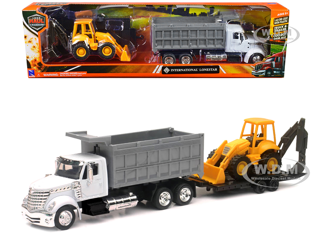 International Lonestar Dump Truck White and Wheel Loader Yellow with Flatbed Trailer "Long Haul Truckers" Series 1/43 Diecast Model by New Ray