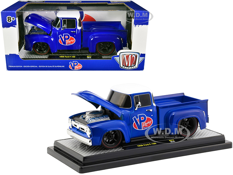 Image of 1956 Ford F-100 Pickup Truck Blue with White Top "VP Racing Fuel" Limited Edition to 6880 pieces Worldwide 1/24 Diecast Model Car by M2 Machines