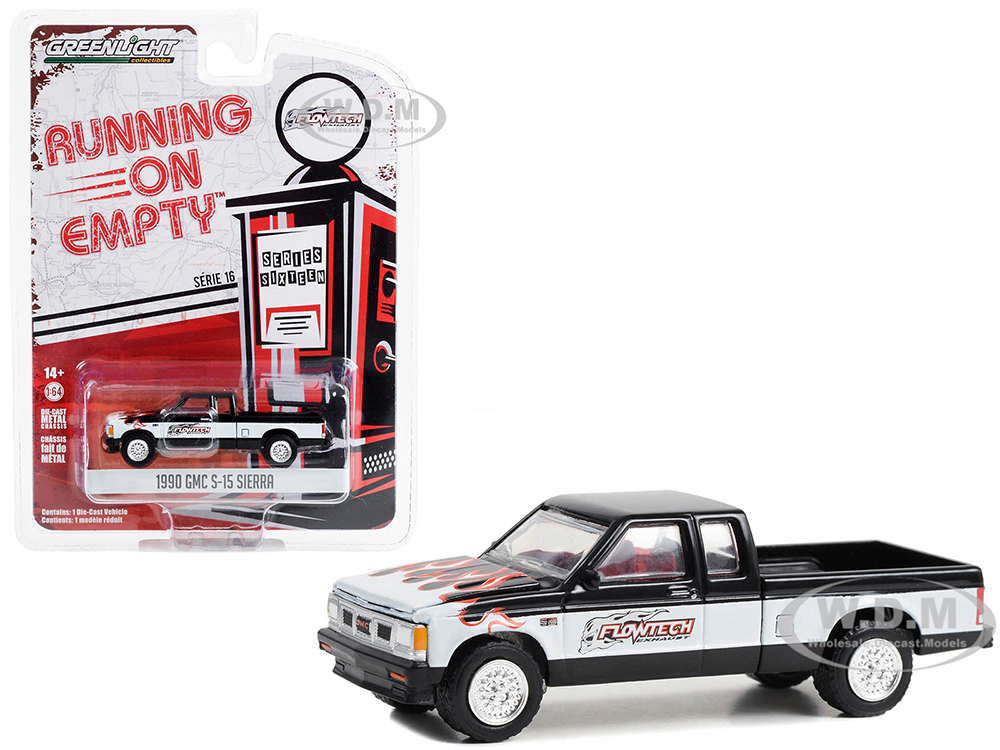 1990 GMC S-15 Sierra Pickup Truck Black and White with Flames Flowtech Exhaust Running on Empty Series 16 1/64 Diecast Model Car by Greenlight