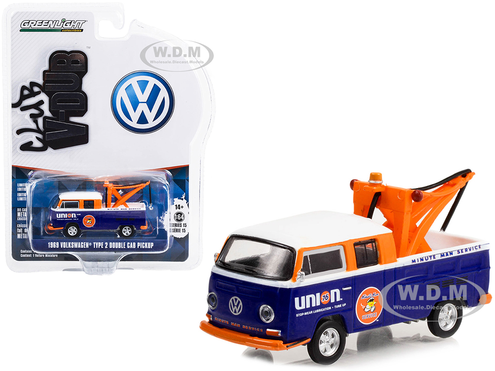 1969 Volkswagen Double Cab Pickup Tow Truck Blue and White Union 76 Minute Man Service Club Vee V-Dub Series 15 1/64 Diecast Model Car by Greenlight