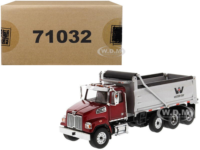 Image of Western Star 4700 SF Dump Truck Metallic Red with Silver Body 1/50 Diecast Model by Diecast Masters