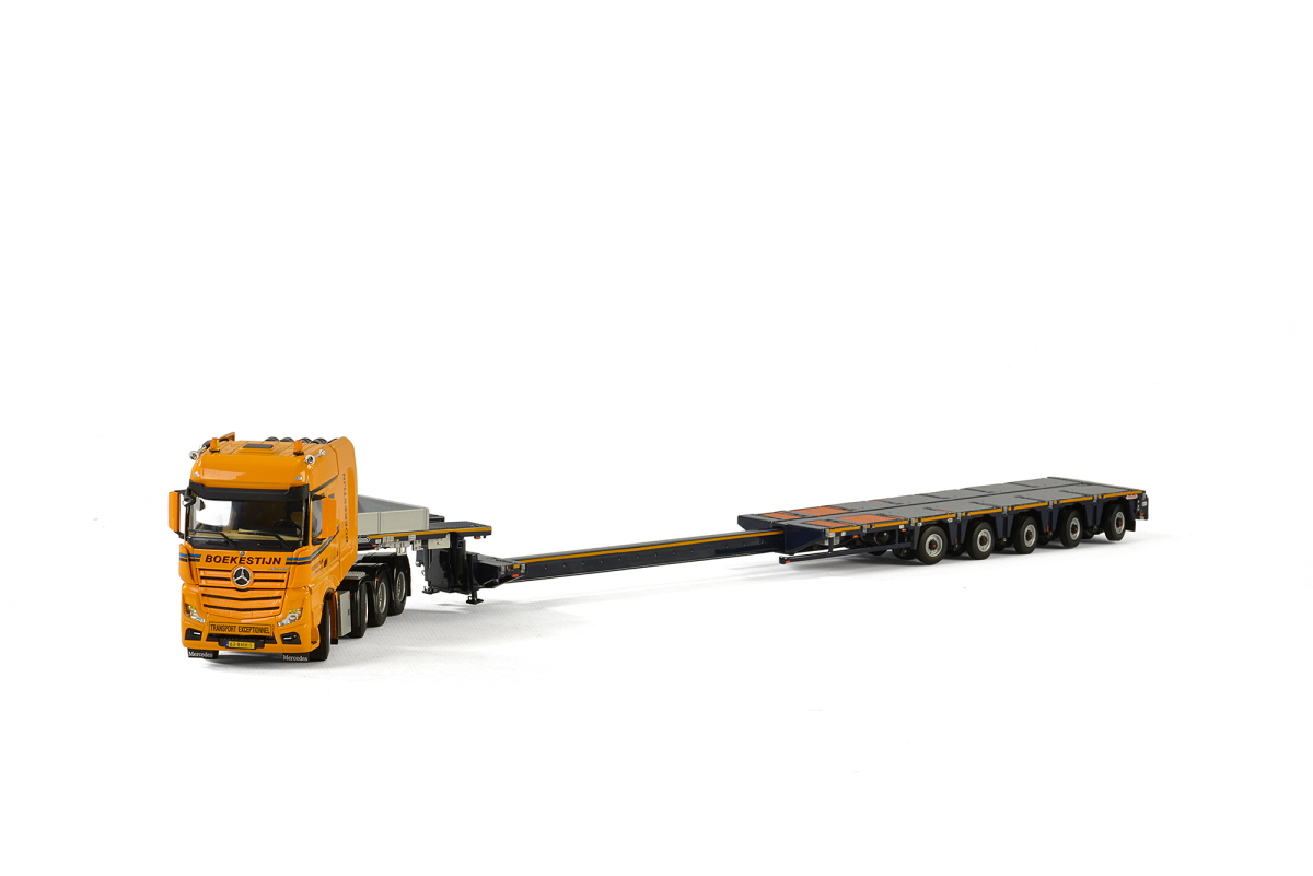 Image of Mercedes Benz Actros MP4 Big Space SLT 8x4 "Boekestijn" with Low Loader 5 Axle "Nooteboom" Multi-PX Trailer 1/50 Diecast Model by WSI Models