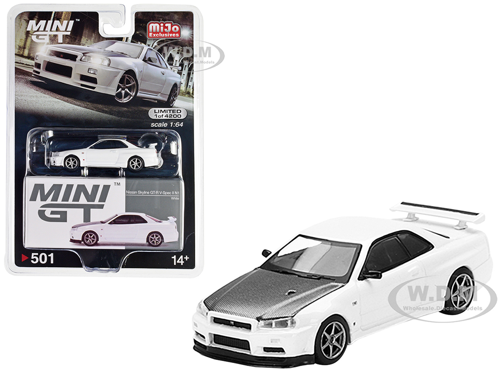 Nissan Skyline GT-R (R34) V-Spec II N1 RHD (Right Hand Drive) White with Carbon Hood Limited Edition to 4200 pieces Worldwide 1/64 Diecast Model Car
