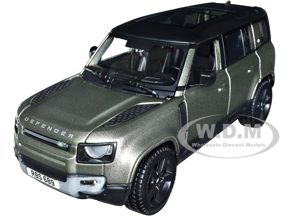 2022 Land Rover Defender 110 Green Metallic with Black Top and Sunroof 1/24 Diecast Model Car by Bburago