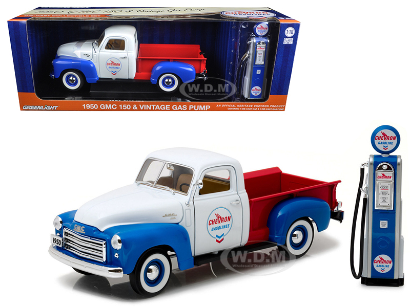 1950 Gmc 150 Pickup Truck Chevron With Vintage Gas Pump 1/18 Diecast Model Car By Greenlight