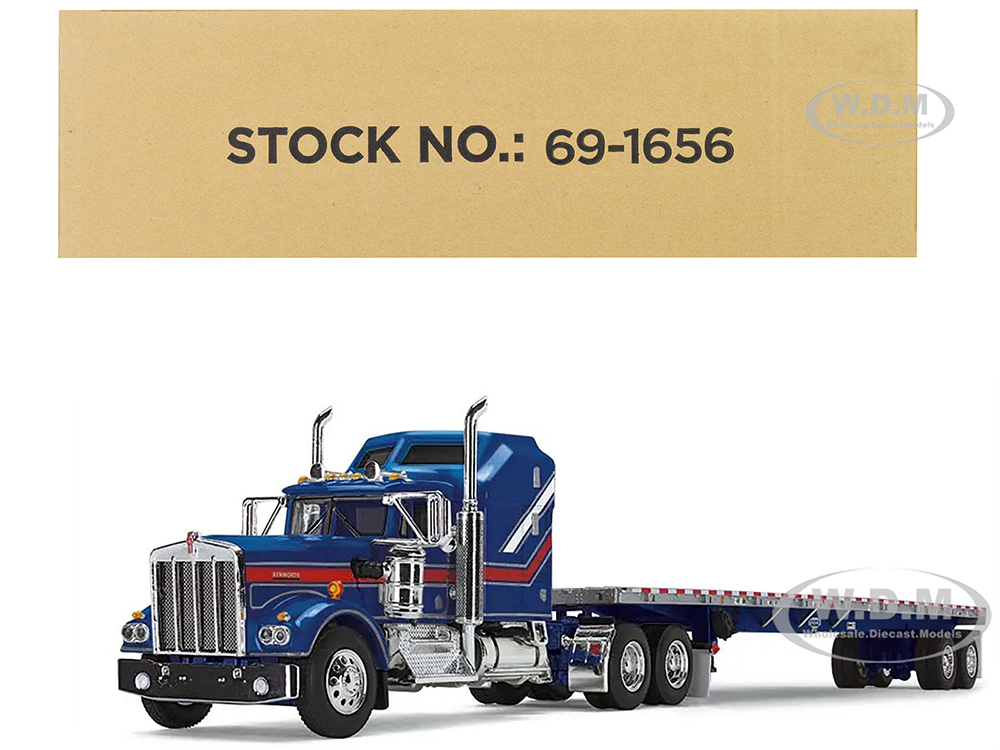 Kenworth W900A with Aerodyne Sleeper and 53 Wilson Roadbrute Flatbed Trailer Blue with Red Stripes 