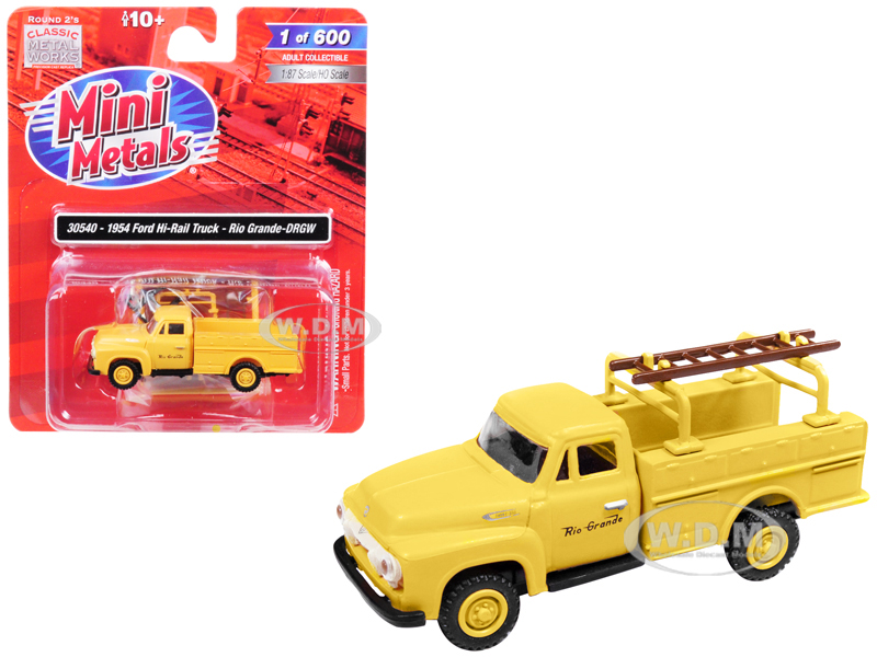 Image of 1954 Ford Hi-Rail Truck "Rio Grande DRGW" Yellow with Accessories 1/87 (HO) Scale Model by Classic Metal Works
