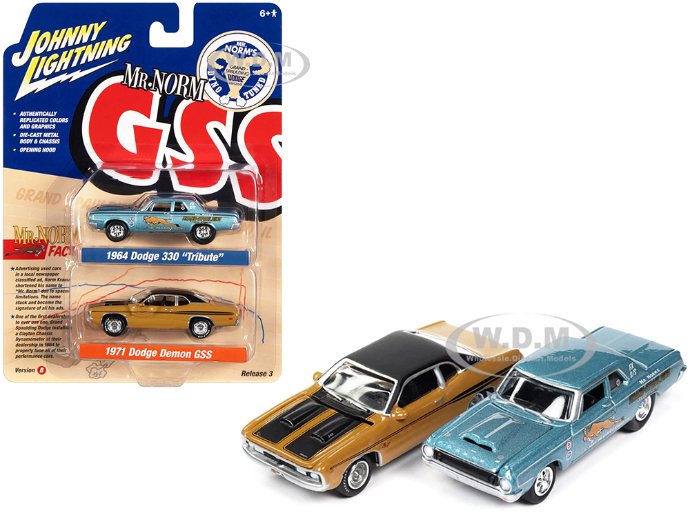 1964 Dodge 330 Mr. Norm - Grand Spaulding Dodge Blue Metallic and 1971 Dodge Demon GSS Butterscotch Orange with Black Top and Stripes Mr. Norm GSS Series Set of 2 Cars 1/64 Diecast Model Cars by Johnny Lightning
