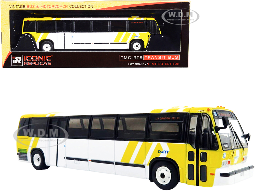 1999 TMC RTS Transit Bus #164 Downtown Dallas Dart White and Yellow The Vintage Bus & Motorcoach Collection 1/87 (HO) Diecast Model by Iconic Replicas