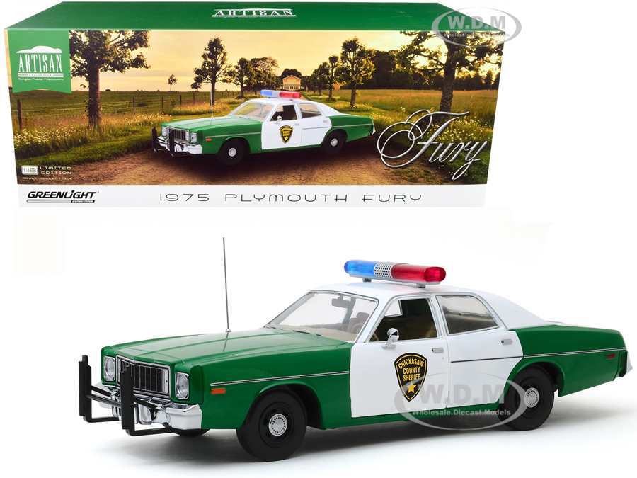 1975 Plymouth Fury "chickasaw County Sheriff" Green And White 1/18 Diecast Model Car By Greenlight