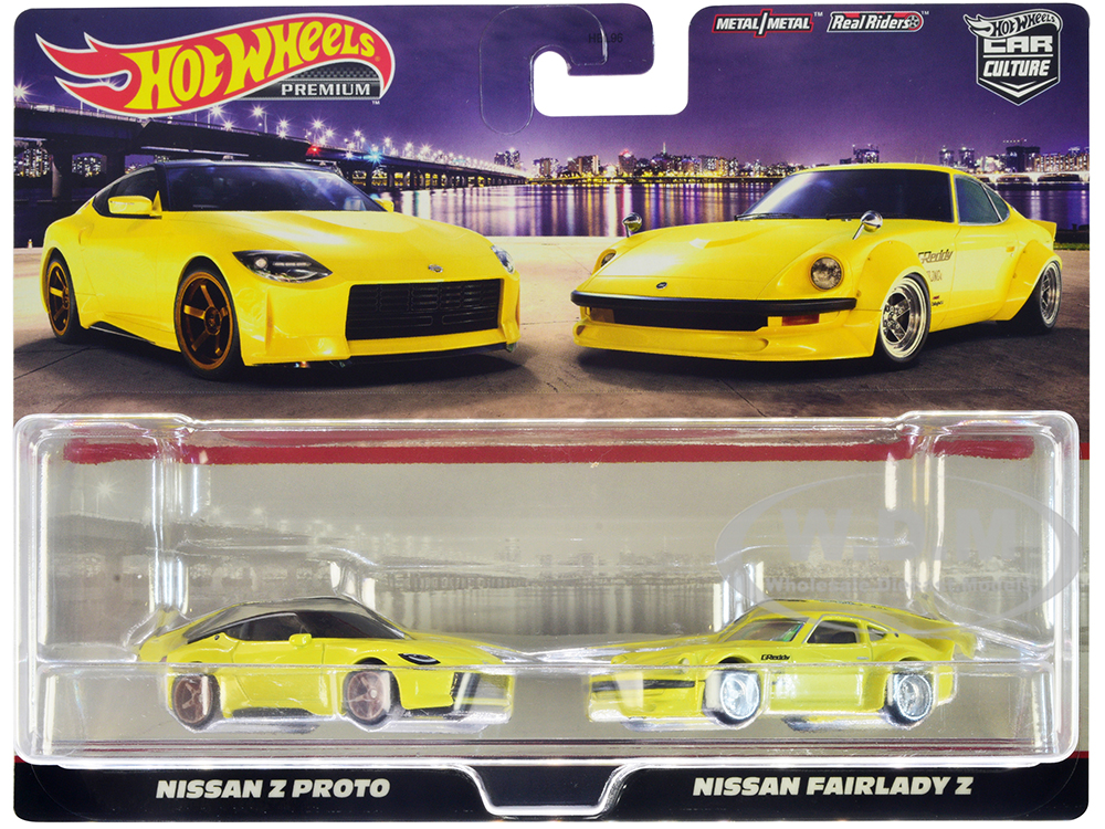 Nissan Z Proto Yellow with Black Top and Nissan Fairlady Z Yellow Car Culture Set of 2 Cars Diecast Model Cars by Hot Wheels