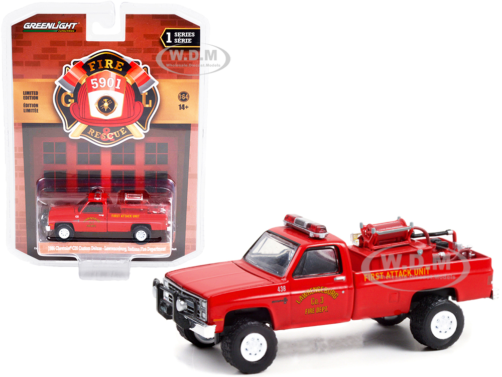 1986 Chevrolet C20 Custom Deluxe Pickup Truck Red First Attack Unit with Fire Equipment Hose and Tank "Lawrenceburg Fire Department" (Indiana) "Fire