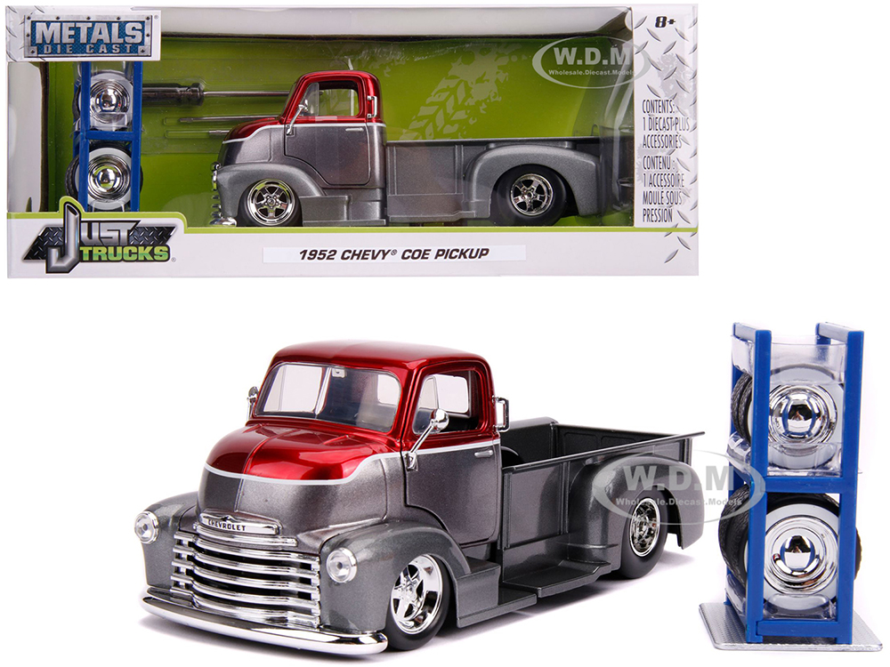 Image of 1952 Chevrolet COE Pickup Truck Gray Metallic and Candy Red with Extra Wheels "Just Trucks" Series 1/24 Diecast Model Car by Jada